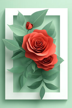 3d red roses and green leaves on white paper frame, paper cut style design, clipart design