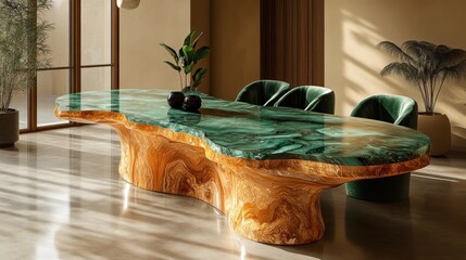 Poster - Elegant wooden table with a green stone top in a modern interior.