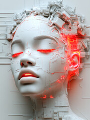 Poster - A white digital face with intricate patterns highlighted with red lights, embodying the interface between AI and creativity.