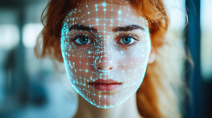 Poster - Young woman with futuristic digital grid overlay on her face showcasing modern technology and innovation in a blurred setting.