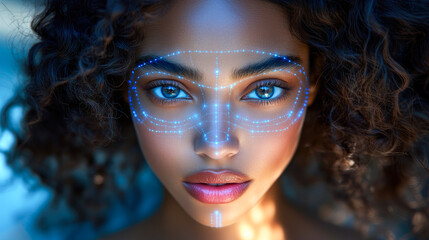 Poster - Portrait of a young woman with vibrant digital patterns overlaying her features, symbolizing beauty and modern innovation in art.