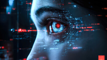 Poster - A close-up of a human eye features a complex digital overlay, blending technology and artistry in a captivating display.