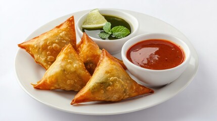 Savory Samosas with Mint Chutney and Sauce