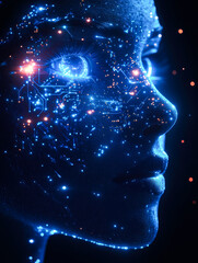 Poster - A futuristic face adorned with luminous circuitry and digital patterns, symbolizing the fusion of technology and humanity.