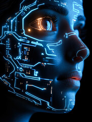 Poster - A futuristic depiction of a face integrated with blue circuits, reflecting the intricate interplay of humans and technology.