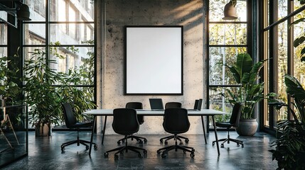 Poster - Modern office interior with glass walls and a white wall mockup for text or design, a large panoramic window, a concrete floor, black desk chairs near the table, in an industrial style