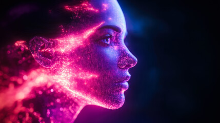 Poster - A side profile with pink digital data flowing around it, representing the amalgamation of data and human identity in modern times.
