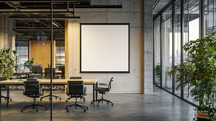 Poster - Modern office interior with glass walls and a white wall mockup for text or design, a large panoramic window, a concrete floor, black desk chairs near the table, in an industrial style