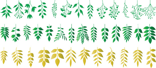 Wall Mural - Green leaf silhouette, yellow leaves vector set, botanical pattern, showcasing different leaf designs for nature inspired decorative themes, textile patterns, and botanical illustrations