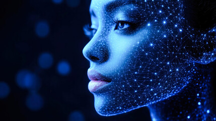 Poster - A digital depiction of a human face covered in blue network lines symbolizing AI, blending technology with human traits and emotions.