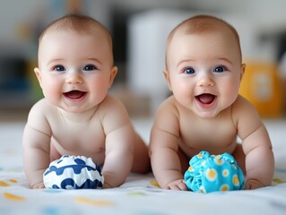 Two cheerful twins lying on the floor, each holding a colorful soft toy, their bright smiles spread joy, innocence, and warmth, creating a delightful moment.