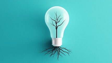Poster - light bulb with interconnected roots, deep insight and foundational growth, flat design illustration