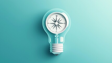Poster - light bulb with compass, guiding growth through insight, flat design illustration