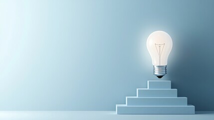 Poster - light bulb with ascending steps, representing gradual growth through ideas, flat design illustration