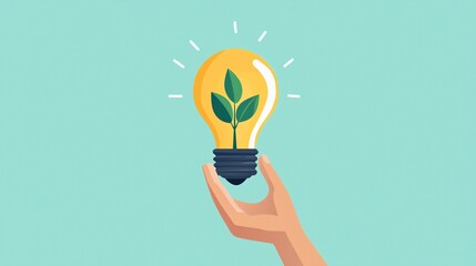 Aufkleber - light bulb with a hand nurturing a plant, fostering ideas into growth, flat design illustration