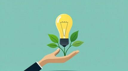Aufkleber - light bulb with a hand nurturing a plant, fostering ideas into growth, flat design illustration