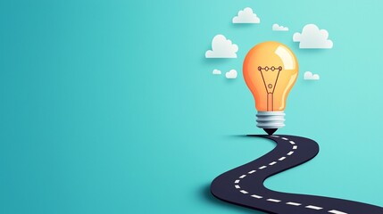 Aufkleber - light bulb with a road leading upwards, journey of growth through insight, flat design illustration