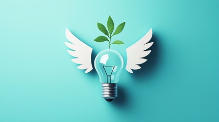 Poster - Light bulb with sprouting wings, ideas taking flight and growing, flat design illustration