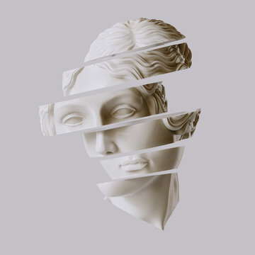 Sliced classical marble statue woman head. Surreal fragmented sculpture 3d rendering
