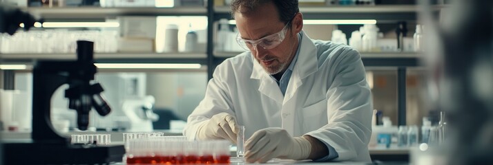 Poster - A scientist meticulously manages test tubes and samples, ensuring precision in a laboratory setting while wearing protective gloves and glasses. Generative AI