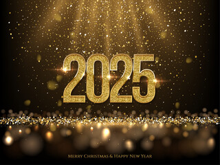 Wall Mural - 2025 Happy New Year greeting card vector illustration. 2025 gold numbers with golden falling confetti decoration and glow light effect, festive sparkle of tinsel texture in holiday design background.