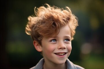 Portrait of a cute little boy with blond curly hair in the park