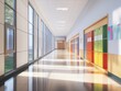© Sinechana - 2408 98.A pristine school corridor with smooth, tiled floors and a polished finish. The hallway is empty, featuring colorful lockers and notice boards, with natural light filtering through tall