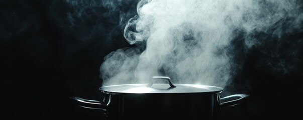 black electric pot for boiling water or boiling soups and smoke on dark background for people cookin