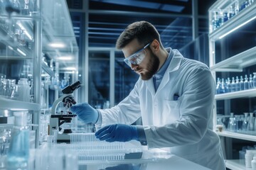 Aufkleber - A focused scientist in a lab coat carefully manipulates test tubes and samples under bright laboratory lights in the evening. Generative AI