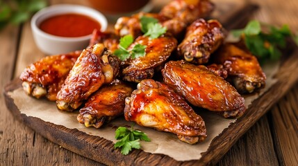 Close up of delicious, golden, crispy, and savory chicken wings on a wooden board with a bowl of sauce and fresh parsley garnish.