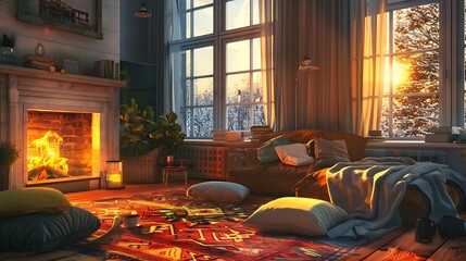 Wall Mural - Cozy living room with large windows, plush cushions, soft throws, and a fireplace that casts a warm glow across the room