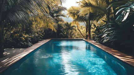 glistening blue swimming pool surrounded by lush green palm trees