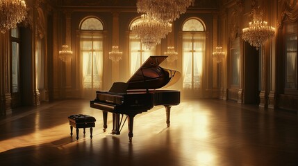 glistening black piano regally in a grand hall