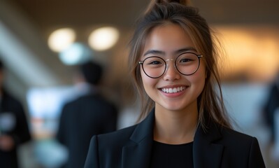 Wall Mural - Woman wearing a black jacket and white shirt. She is smiling. She is holding a piece of paper. young Asian woman smiles brightly while holding a business card, exuding confidence in her formal attire