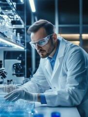 Poster - A scientist in a lab coat and safety glasses meticulously handles various test tubes and samples, focusing on research tasks. Generative AI