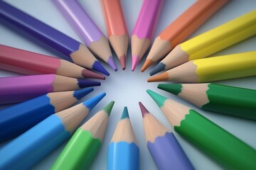 Poster - Bunch of colored pencils are arranged in a circle. The pencils are of different colors and sizes. an colourful optimistic image that expresses client centric tailor-made concepts