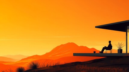 Silhouette of Man Relaxing on Balcony with Mountain View at Sunset