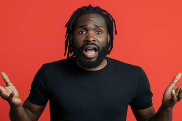 Wall Mural - Man with dreadlocks and a beard is standing in front of a red background. He is making a face and his hands are outstretched. black man with dreads hairstyle headshot portraits screaming foul language