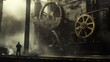 © Ali - Man stands alone by large metal gears in the rain.