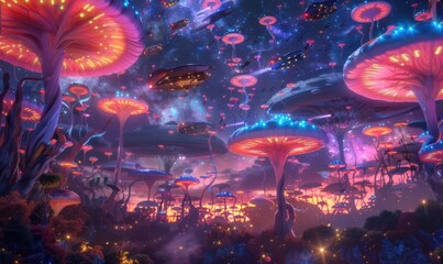 Wall Mural - extraterrestrial marketplace bustling with diverse species trading exotic goods under the glow of bi