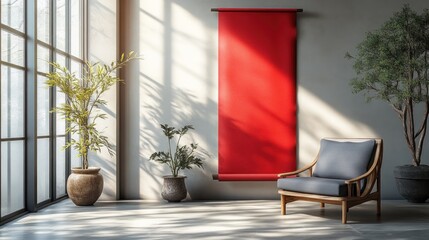 Poster - Bright, minimalist interior with plants and a red wall hanging.