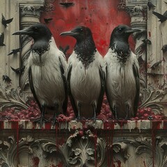 Canvas Print - Three Crows Perched on a Blood-Stained Stone