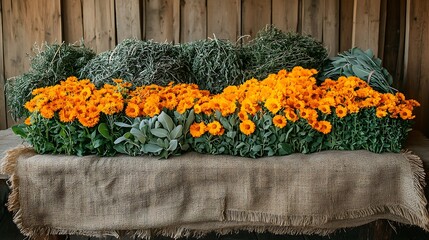 Freshly harvested medicinal herbs laid out on a rustic wooden table, including sage and calendula