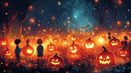 giant halloween pumpkin patch at dusk, with children picking pumpkins and jack-o'-lanterns glowing i