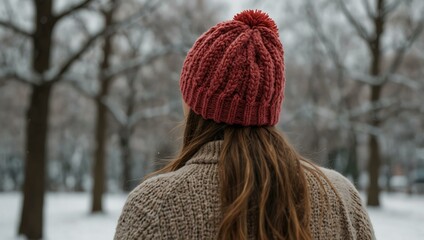 Wall Mural - Woman in a knitted hat viewed from the back in winter fashion.