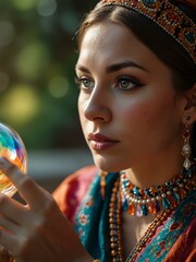 Wall Mural - Woman in colorful attire gazing into a crystal ball.