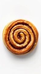 Freshly baked cinnamon roll, white background, 4K hyperrealistic photo