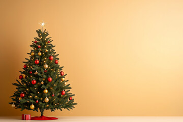 Christmas tree adorned with red and gold ornaments and lights. Yellow background. Concept of festive holiday decoration