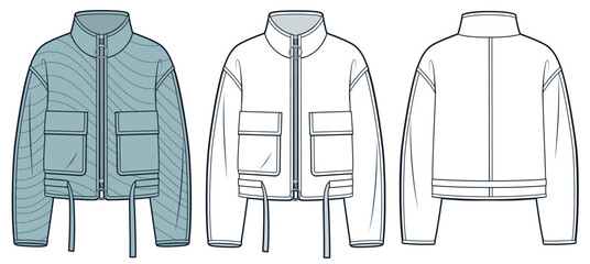 Canvas Print - Down Jacket technical fashion Illustration. Light Quilted Jacket fashion flat technical drawing template, drawstring, pockets, zipper, front, back view, white, blue, women, men, unisex CAD mockup set.