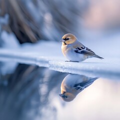 Wall Mural - A beautiful bird standing on snow, reflecting in a calm pool of water. The soft colors create a serene atmosphere. Ideal for nature lovers and wildlife enthusiasts. AI